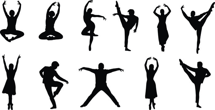 Black and blue silhouette icon set of ballet and contemporary dancers, graceful people performing dance moves vector illustration, athletic poses, isolated white background