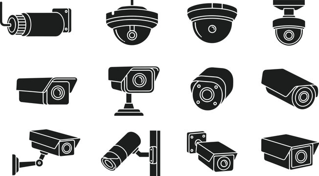 Black and blue silhouette icon set of security cameras, CCTV surveillance equipment vector, private property monitoring system symbols, digital safety graphics, white background