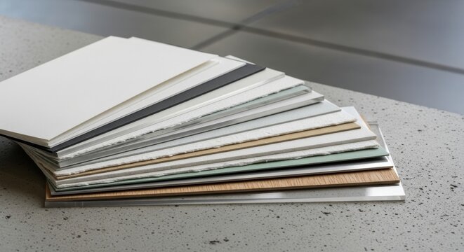 A close-up view of a diverse stack of layered paper samples showcasing varying textures and hues