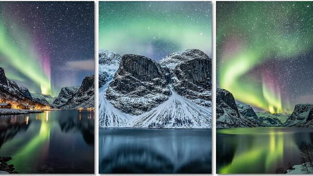Vibrant Aurora Borealis Over Snowy Mountains and Reflecting Lake Under Starry Night Sky