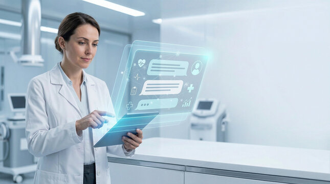 Female Doctor Using Digital Tablet with Virtual Healthcare Interface in Modern Clinical Laboratory, Telemedicine and AI Medical Technology Concept