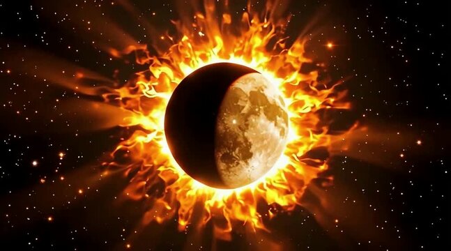 Total solar eclipse with glowing corona and dramatic space sky background