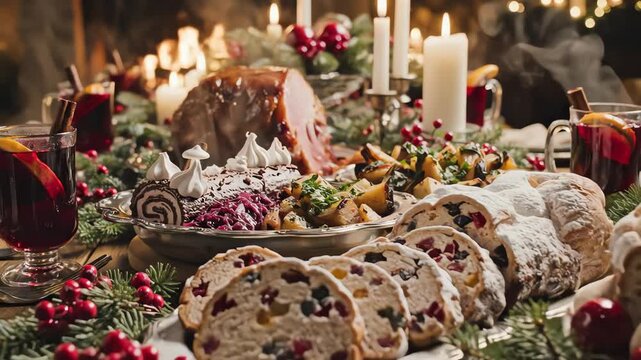 Festive holiday meal arrangement with food and drinks