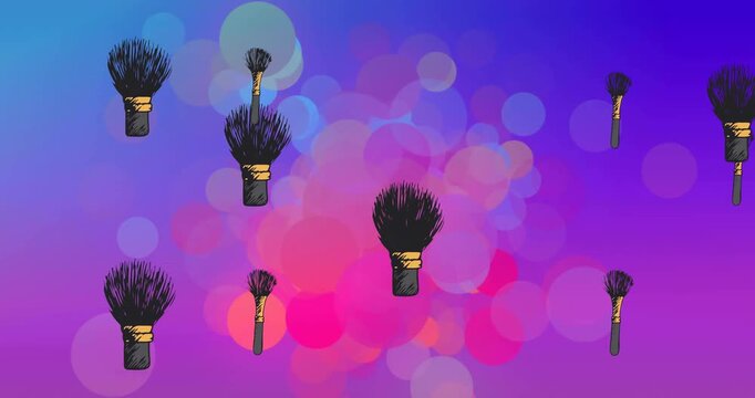 Animation of makeup powder brushes over blue and pink light spots