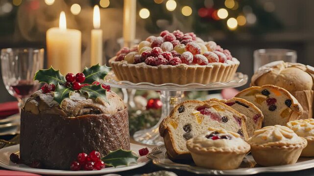 Festive table display of desserts and baked goods with candles