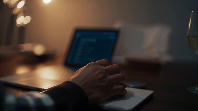 Reacting striped sleeve hand to tablet lighting up, using white mouse at home table navigating menu