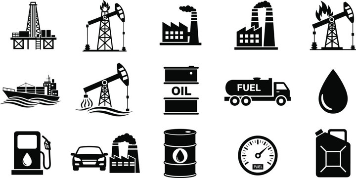 Oil industry silhouettes, fuel icons vector, drilling rig illustration, refinery factory design, tanker ship transport, pump jack cutout, petroleum energy symbols, jerrycan gauge emblem art