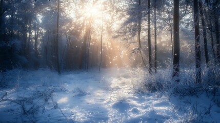 Fototapeta premium Winter forest scene with snow covered ground and sun shining through trees