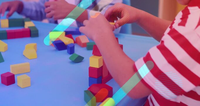 Children stacking colorful blocks over geometric shapes animation