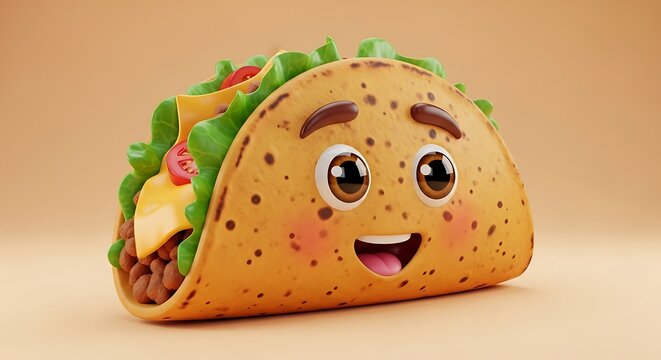 A cheerful taco with a smiley face on a beige background looking happy and friendly