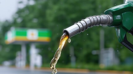 Fuel nozzle pouring gasoline at gas station forecourt in rainy weather