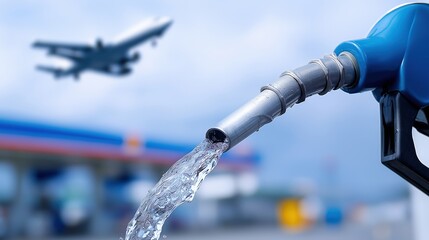 Airplane fueling with gas pump nozzle and blurred plane in sky