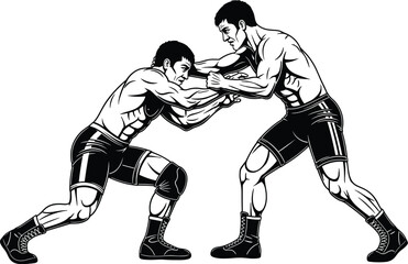 Naklejka premium Wrestling athletes silhouette, grappling stance vector, sports competition illustration, muscular fighters design, athletic strength graphic, combat training icon, blue monochrome dynamic posture art