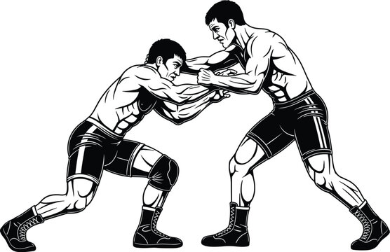 Wrestling athletes silhouette, grappling stance vector, sports competition illustration, muscular fighters design, athletic strength graphic, combat training icon, blue monochrome dynamic posture art