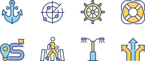 Collection of icons representing navigation, safety, and transportation symbols © Muhammad Hridoy