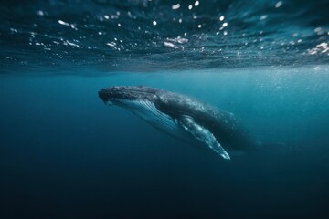Naklejka premium Playful Whale Explores Bright Coast. Shimmering Shoreline Witnesses Lively Whale With Inquisitive Nature