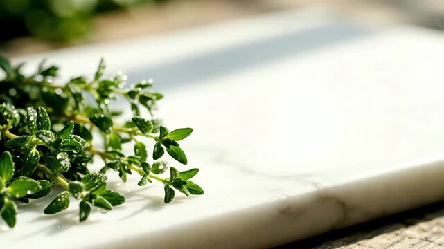 Fresh herb sprigs on marble surface culinary preparation concept