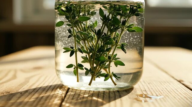 Fresh herb sprigs in clear water in a glass jar on a wooden surface