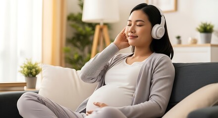 Obraz premium Pregnant woman enjoys music with headphones while relaxing on couch.