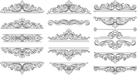 Large collection of vintage decorative dividers and ornate floral filigree borders with classic acanthus leaf motifs in a black and white engraving style. © Rumi