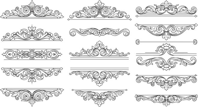 Large collection of vintage decorative dividers and ornate floral filigree borders with classic acanthus leaf motifs in a black and white engraving style.