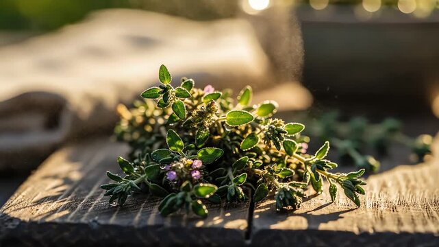 Fresh herb sprigs on wooden surface with natural sunlight