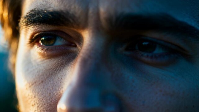 Squinting man reacting to warm left sunlight, shifting gaze at golden hour, eyes and brow furrowing
