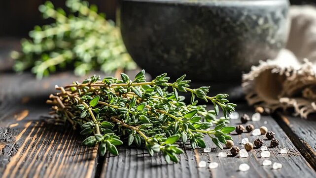 Fresh herbs and spices on rustic wooden surface for culinary and healthcare concepts