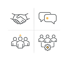 Obraz premium Business collaboration icons: handshake, chat, team, and workflow. A collection of four minimalist line art icons representing key business concepts like partnership, communication