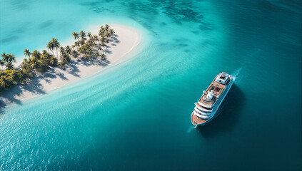 Luxury cruise ship in the turquoise sea near a tropical island with palm trees, aerial view.