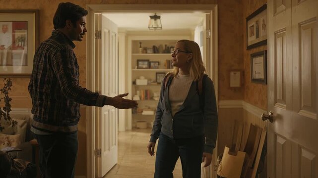 Walking teen girl with backpack responding to dad's open arm crossing doorway at home hoodie jeans