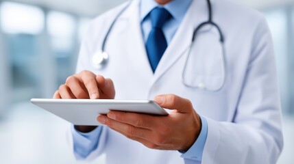 Caucasian male doctor using tablet in medical office with stethoscope