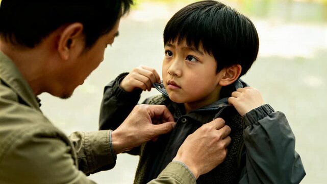 Reaching father fixing boy's jacket zip at park to secure collar, boy holding collar watching hands