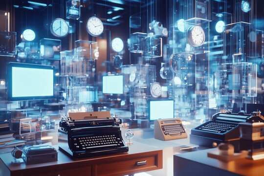 Surreal office scene that blends eras: a modern workspace where vintage typewriters and futuristic holographic screens coexist.