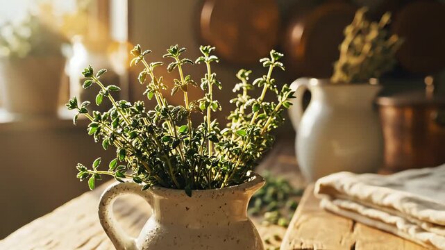 Fresh herbs on wooden table with natural light interior composition