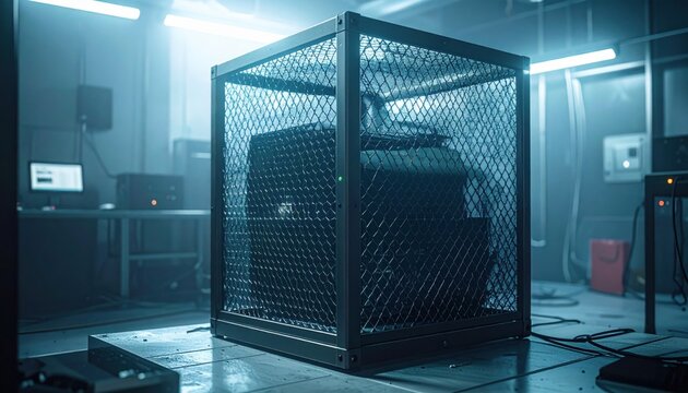 Robust Faraday cage constructed from a fine conductive mesh, safeguarding sensitive electronic equipment within a dimly lit, high-tech laboratory setting.