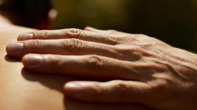 Placing veined adult hand resting on bare upper back in garden with blurred foliage bokeh