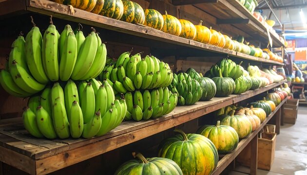 Fresh produce display - bananas and pumpkins on wooden shelves in a market.