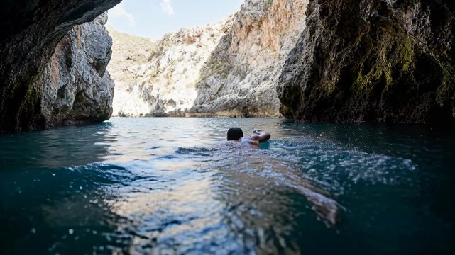 Swimming shirtless man in dark shorts, stroking mossy cave toward sunlit inlet, light drawing him