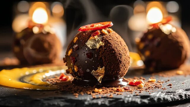 Gourmet chocolate dessert close up on slate with candlelight background