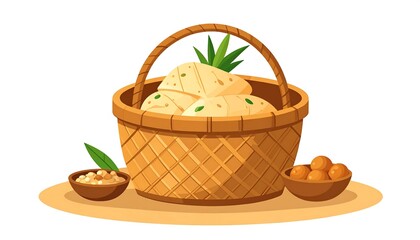 Fototapeta premium Wicker basket holds dairy products and sweet treats on a platter.