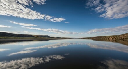 Obraz premium Wide slow moving river reflecting deep blue sky and white clouds in a serene landscape