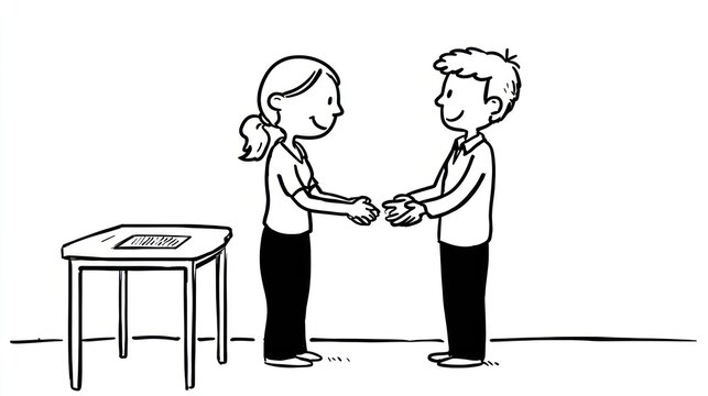 Cartoon depicting a man and woman shaking hands near a table. Simple, black and white illustration