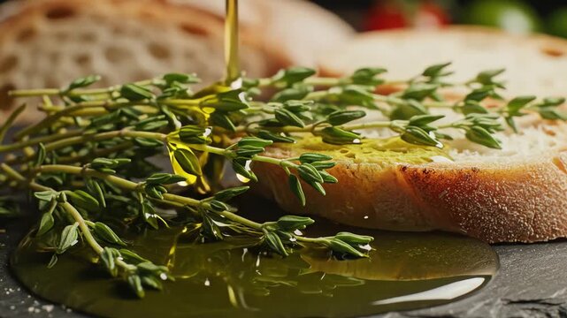 Olive oil pouring on bread with herbs culinary still life
