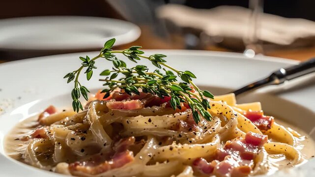 Pasta dish with herbs and creamy sauce in a restaurant