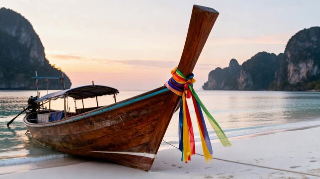 Resting long-tail boat staying tied to rope on shore, breeze fluttering ribbons, preventing drift