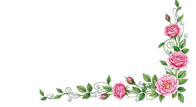 Elegant Pink Rose Vine with Pearls Border Decoration