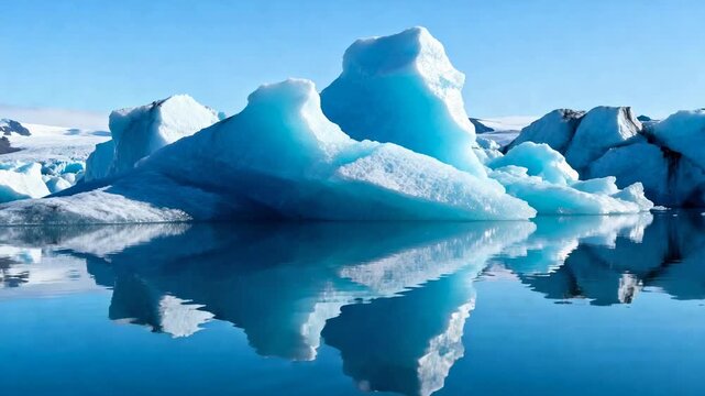 Floating large blue iceberg reflecting as ripples and light shifting warping mirror at fjord, floes