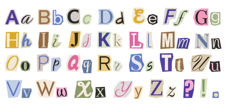 An alphabet with different letters cut out of paper. Fun letters for creating collages.