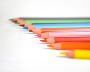 Fototapeta premium Colorful Colored Pencils in Row on White Background Close-Up
